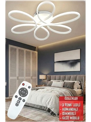 Ece Aydınlatma Luxor Beyaz Kumandalı 3 Renk Ledli Dimmerli Plafonyer Modern Ledli Avize