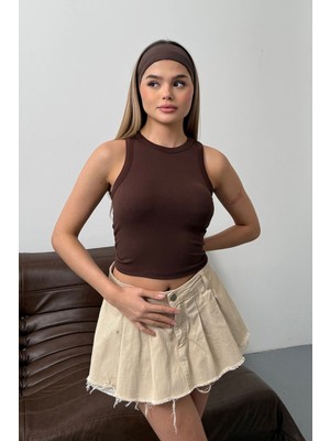Jee Lee Kadın Halter Yaka Kaplı Basic Atlet Kahverengi - 26M 5044