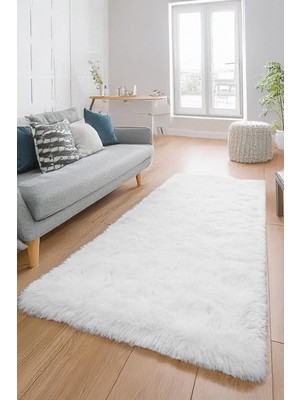 Alpina Home Beyaz Yıkanabilir Puffy Peluş Halı Yolluk Yumuşak Kaymaz Taban