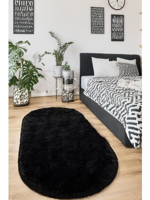Alpina Home Siyah Oval Yıkanabilir Puffy Peluş Halı Yolluk Yumuşak Kaymaz Taban