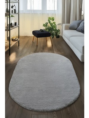 Alpina Home Gri Oval Yıkanabilir Puffy Peluş Halı Yolluk Yumuşak Kaymaz Taban