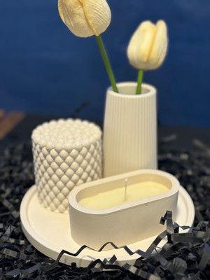 Lethe Studio Design Dekoratif 4'lü (4 Adet) Orta Sehpa Obje Seti - Bubble Obje, Mum, Oval Tepsi, Vazo - Ev Dekoru