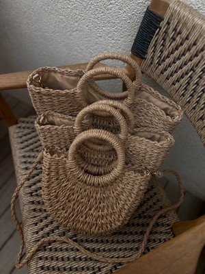 Luciaonline Ithal Mini Boy Hasır Çanta Uzun Askılı ve El Çantası Plaj Çantası Doğal Çanta Özel Tasarım