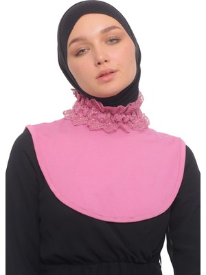 Altobeh Kadın Dantelli Fırfırlı Lastik Büzgülü Balıkçı Yaka Boğazlı Tesettür Boyunluk - Koyu Pembe