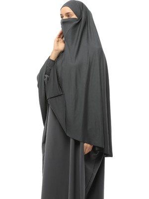 Altobeh Hazır Türban Peçeli Pratik Eşarp Tesettür Nikaplı Hijab - Namaz Örtüsü Sufle (5Xl) - Füme