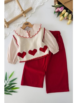 Miniğimin Cicileri Kalp Örgü Süveterli 3 Lü Kız Çocuk Takım - Kırmızı