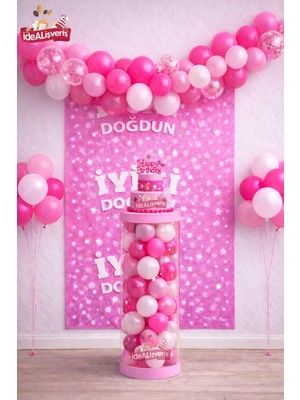 Kız Çocukları Için Sade Şık Pvc Sütunlu Balonlu Baskılı Arkafonlu Doğum Günü Parti Seti Süsü