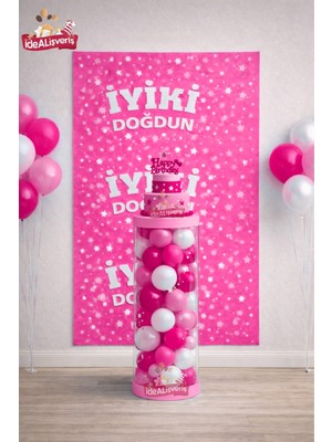 Kız Çocukları Için Sade Şık Pvc Sütunlu Standlı Balonlu Baskılı Arkafonlu Doğum Günü Parti Seti Süsü