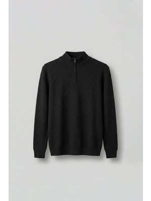 Abluka Online Erkek Regular Fit Fermuarlı Premium Kumaş Kazak Siyah