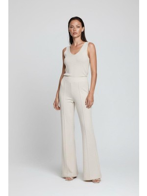 Madmext Bej Yüksek Bel Flare Paça Şık Günlük Kadın Pantolon MG2645