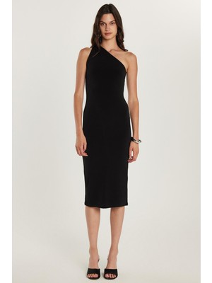 Tudors Kadın Slim Fit Dar Kesim Tek Omuz Askılı Siyah Elbise
