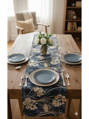 Yarımada Kadın Kooperatifi : Lacivert Çiçek Desenli Saten Duck Keten Runner - Piko Nakışlı ve Püsküllü (43X130 Cm)