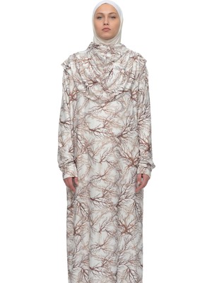 Altobeh Pratik Tek Parça Ağaç Desenli Kollu Tak Çıkar Başörtülü Likralı Tesettür Namaz Elbisesi 990-0706