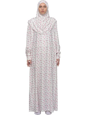 Altobeh Pratik Tek Parça Çiçek Desenli Kollu Tak Çıkar Başörtülü Likralı Tesettür Namaz Elbisesi 990-0201