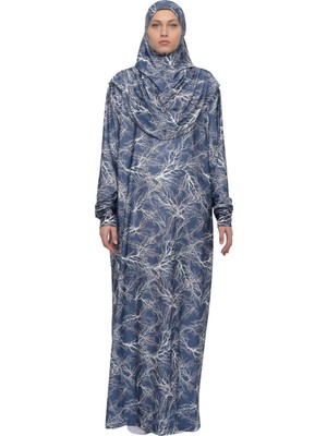 Altobeh Pratik Tek Parça Ağaç Desenli Kollu Tak Çıkar Başörtülü Likralı Tesettür Namaz Elbisesi 990-0713N