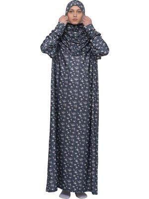 Altobeh Pratik Tek Parça Çiçek Desenli Kollu Tak Çıkar Başörtülü Likralı Tesettür Namaz Elbisesi 990-0210