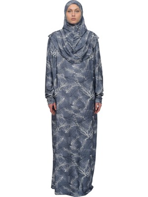 Altobeh Pratik Tek Parça Ağaç Desenli Kollu Tak Çıkar Başörtülü Likralı Tesettür Namaz Elbisesi 990-0711