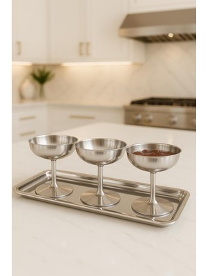 UltraMint Paslanmaz Çelik 3’lü Ayaklı Kase ve Tepsi Seti, Şık Sunum Takımı