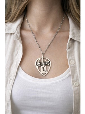 Herşey Nota Gitar Desenli Pena Formlu Metal Kolye – 60 cm Zincirli