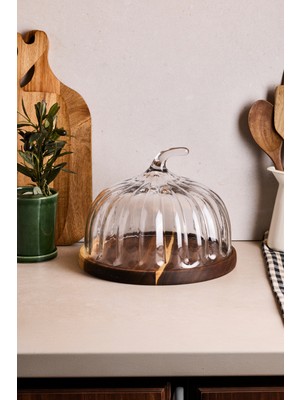 UltraMint Leone Bal Kabağı Akasya Yuvarlak Cam Kek Fanusu 28 cm