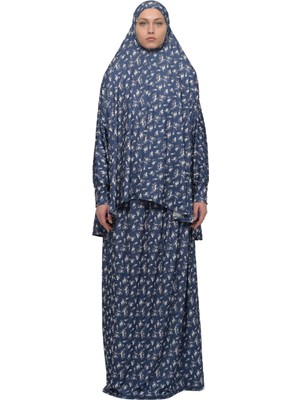 Altobeh Pratik Iki Parça Çiçek Desenli Yarasa Kollu Başörtülü Likralı Tesettür Namaz Elbisesi 992-0213