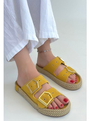 Shoegar Loera Sarı Nubuk Çift Tokalı Terlik