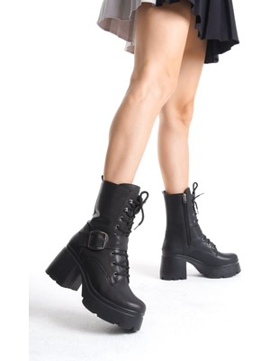 Shoegar Linma Siyah Cilt Bağcıklı Topuklu Bot