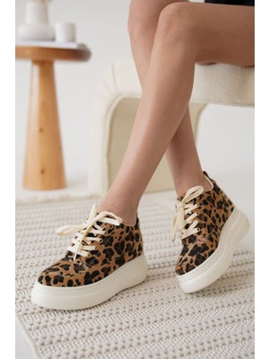 Shoegar Kadın Gizli Topuk Beyaz Taban Leopar Spor Ayakkabı EATR10MS01H