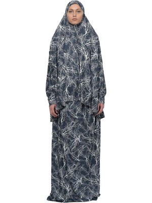 Altobeh Pratik Iki Parça Ağaç Desenli Yarasa Kollu Başörtülü Likralı Tesettür Namaz Elbisesi 992-0708