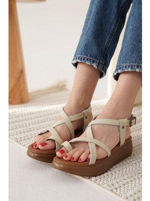 Shoegar Bej Hakiki Deri Sandalet EATR31MY59F