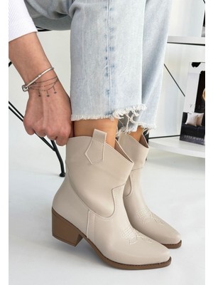 Shoegar Akver Bej Cilt Topuklu Bot