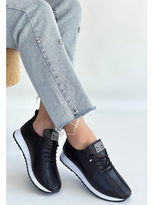Shoegar Monya Siyah Cilt Bağcıklı Spor Ayakkabı