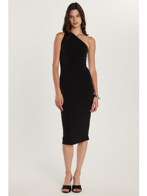 Tudors Kadın Slim Fit Dar Kesim Tek Omuz Askılı Siyah Elbise