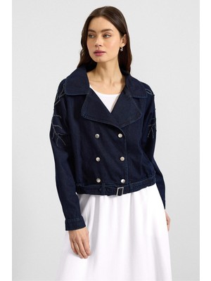 Olcay Kolu Boncuk Işlemeli Astarsız Denim Ceket Lacivert 8283
