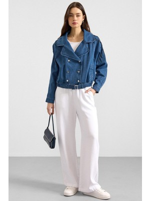 Olcay Kolu Boncuk Işlemeli Astarsız Denim Ceket Mavi 8283