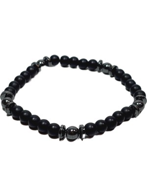 JTSS26BLK1685 Onyx ve Hematit Doğaltaş 6 mm Siyah-Gri Esnek Garantili Janti Bileklik