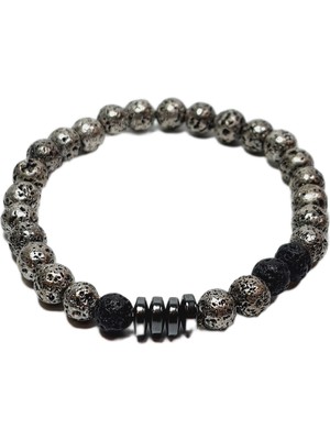 JTSS26BLK1686 Gümüş Gri Lav ve Hematit Doğaltaş Esnek Tasarım Siyah Gri Garantili Hediye Kutulu Janti Bileklik