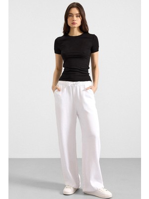 Olcay Beli Lastikli Rahat Kesim Soft Denim Pantolon Beyaz 7587