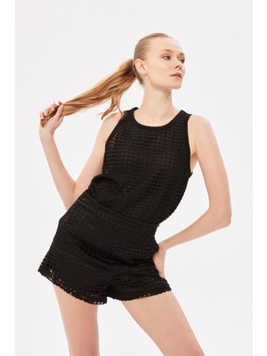 Berr-in Kadın Askılı Yuvarlak Yaka Transparan Detaylı Kısa Siyah Bluz 124Y07007107-SİYAH