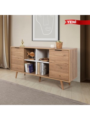 EVMO Home 4621 Sina Konsol 160 cm ( Ahşap Ayaklı , Metal Kulplu ) Sepet - Beyaz