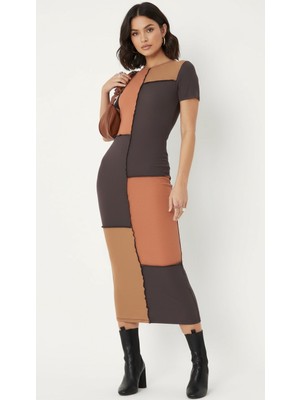 Merlot Ters Dikiş Detaylı Midi Elbise