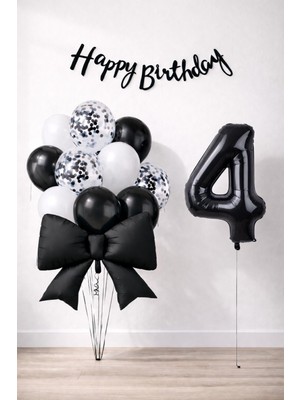 Patladı Gitti Siyah Fiyonk 4 Yaş Doğum Günü Balon Seti