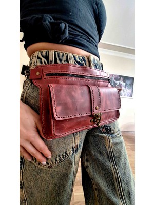 Bordo Deri Bel Çantası