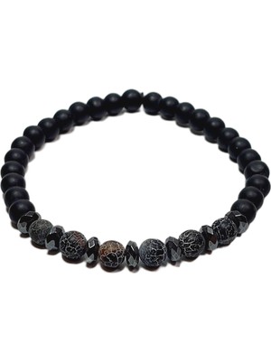 JTSS26BLK1689 Akik Onyx ve Hematit Doğaltaş Esnek 6 mm Janti Bileklik