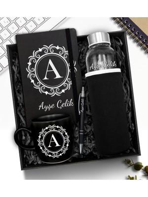 As Gift Kişiye Özel Siyah Kılıflı Cam Şişe Matara & Defter & Kupa & Plastik Kalem Hediye Seti