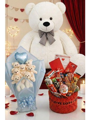 Sole 3’lü Sevgililer Günü Hediye Seti | 90 cm Peluş Ayı, Love Çikolata Sepeti & Mavi Peluş Ayıcık Buketi