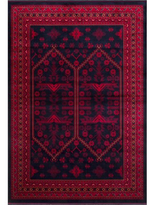 Cool Halı Efsun Lacivert Kırmızı Klasik Etnik Afgan Desenli Makine Dokuma Kaymaz Ince Viskon Ev Oda Halısı