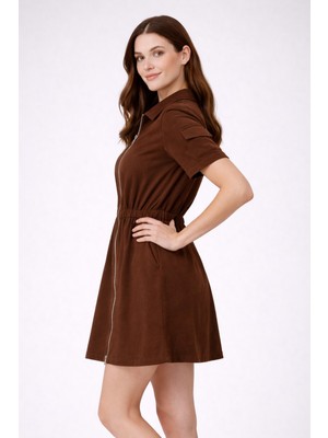 On Triko Beli Lastikli Fermuarlı Diz Üstü Elbise 76485