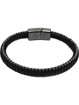 JTSS26BLK1684 Onyx ve Terahertz Doğaltaş 6 mm Esnek ve Hakiki Deri Mıknatıslı Kilit Garantili Kutulu Janti Kombin Bileklik Kutulu