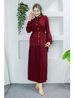 Tesettür Diyarı Krep Kumaş Fırfırlı Gömlek Etek Tesettür Takım- Bordo